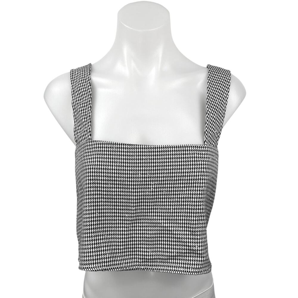 Revolve x By the Way Black White Houndstooth Square Neck Strap Crop Tank Top M